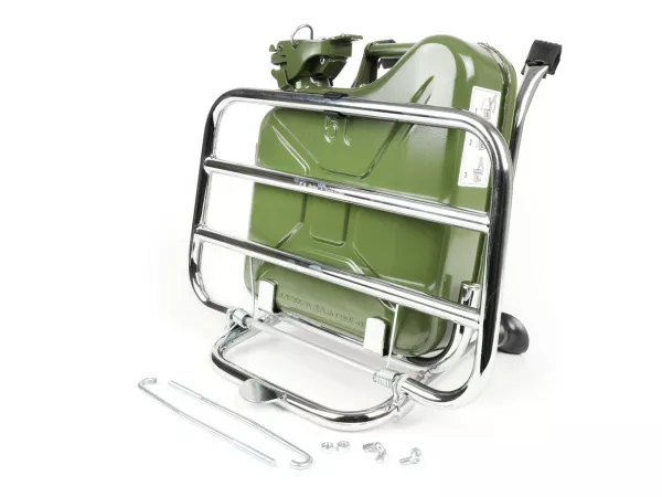 Inklapbaar bagagerek voor -FA ITALIA, chroom, inclusief 5 liter benzinekan - Vespa Smallframe V50, 50S/N/L/R, 50SR, PV, ET3, PK S, PK XL, Largeframe PX, T5, Sprint, Rally, GS160, SS180, TS, GT, GTR, VNA, VNB, VBA, VBB, Super, Wideframe V1-V33, VB, VN,