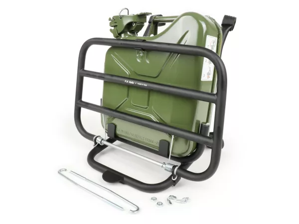 Opklapbaar bagagerek vooraan -FA ITALIA, zwart, inclusief 5 liter benzinekan - Vespa Smallframe V50, 50S/N/L/R, 50SR, PV, ET3, PK S, PK XL, Largeframe PX, T5, Sprint, Rally, GS160, SS180, TS, GT, GTR, VNA, VNB, VBA, VBB, Super, Wideframe V1-V33, VB, VB.