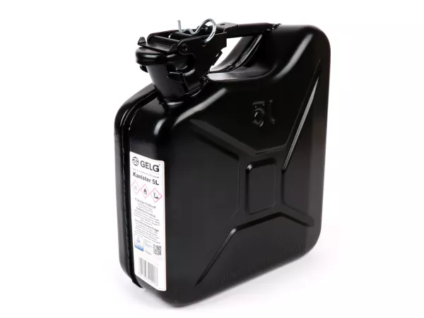 Fuel jerry can 5l -FA ITAlIA, metal - black (RAL9005) - fits luggage rack Vespa largeframe Sprint, Rally, TS, GT, GTR, PX front (3332494, 3332495)