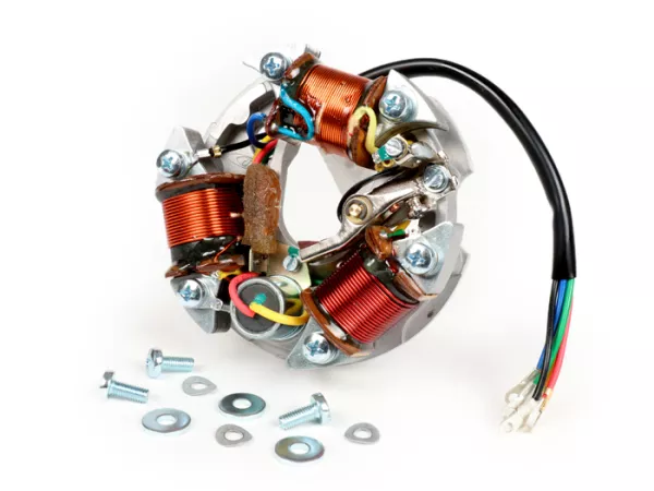 Encendido -Placa base Vespa (encendido por contacto, 5 cables, 6V, 3 bobinas, contactos largos, con indicadores)- Vespa V50 -50R (V5A1T), 50 Revival (V5R1T), 50S (V5SA1T), 50 Special (V5A2T, V5B1T, V5B3T), 50 Special Elestart (V5B2T, V5A3T, V5B4T), 50SR/S