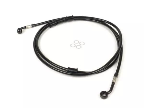 Brake hose, rear, for genuine brake caliper -SPIEGLER hose: stainless steel (black), fitting: aluminium (black)- Vespa (without ABS) GTS 250 (ZAPM451), GTS 125 i.e. (ZAPM453), GTS 300 i.e. (ZAPM452)