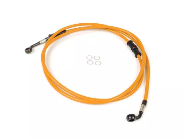 Brake hose, rear, for genuine brake caliper -SPIEGLER hose: stainless steel (orange), fitting: aluminium (black)- Vespa (without ABS) GTS 250 (ZAPM451), GTS 125 i.e. (ZAPM453), GTS 300 i.e. (ZAPM452)
