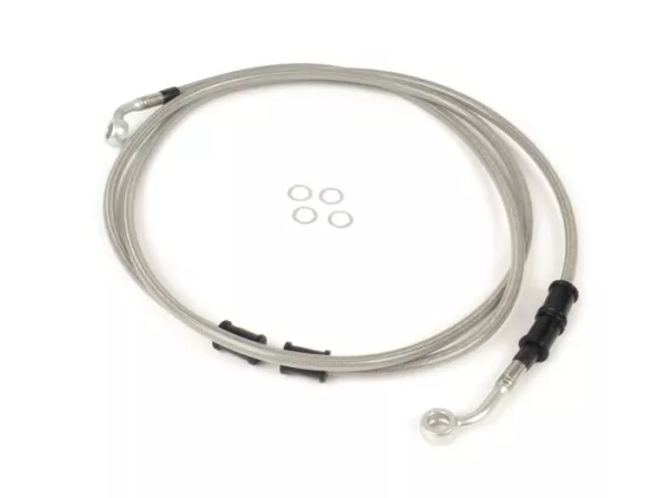 Selang rem belakang untuk kaliper rem asli -Selang spiegel: baja tahan karat (transparan), fitting: aluminium (perak) - Vespa (tanpa ABS) GTS 250 (ZAPM451), GTS 125 yaitu (ZAPM453), GTS 300 yaitu (ZAPM452)