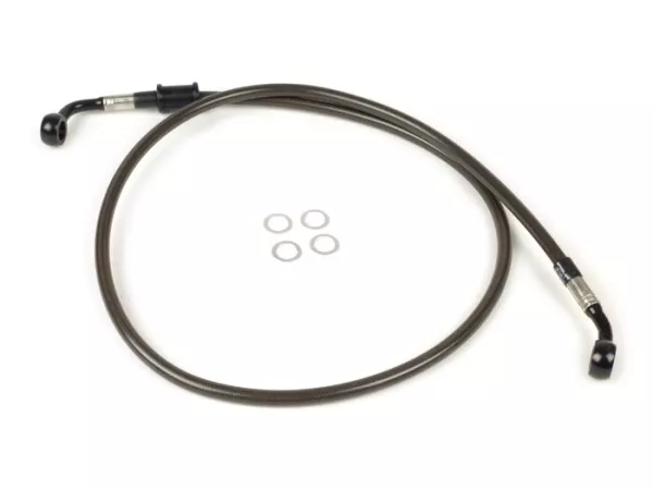 Garis rem depan untuk kaliper rem asli -Garis spiegel: baja tahan karat (karbon), pas: aluminium (hitam) - Vespa (tanpa ABS) GT 125 (ZAPM311), GT 200 (ZAPM312), GT L 125 (ZAPM311), GT L 200 (ZAPM312), GTS 125 (ZAPM313), GTS 250 (ZAPM451), GTS 125 i.e.