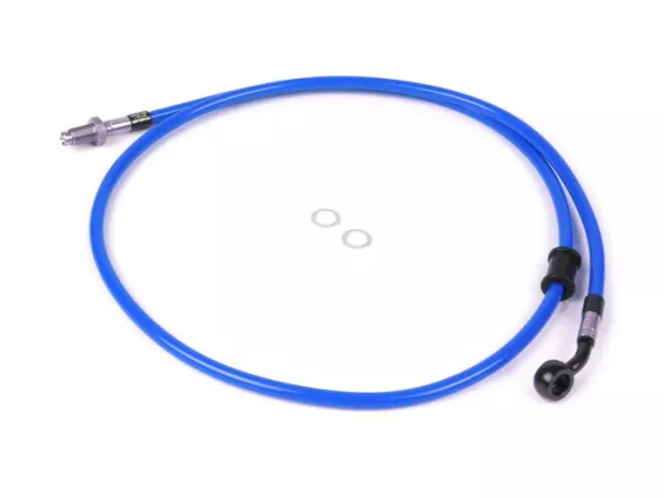 Brake hose, front, to genuine brake caliper -SPIEGLER hose: stainless steel (blue), fitting: aluminium (black)- Vespa (with ABS) GTS 125i.e. Super ABS (ZAPM45300, ZAPM45301), Vespa GTS 300 ABS (ZAPM45200, ZAPM45202), Vespa GTS 300i.e. Super ABS (ZAPM45200