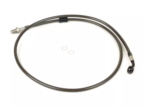 Brake hose, front, to genuine brake caliper -SPIEGLER hose: stainless steel (colour: carbon), fitting: aluminium (black)- Vespa (with ABS) GTS 125i.e. Super ABS (ZAPM45300, ZAPM45301), Vespa GTS 300 ABS (ZAPM45200, ZAPM45202), Vespa GTS 300i.e. Super ABS