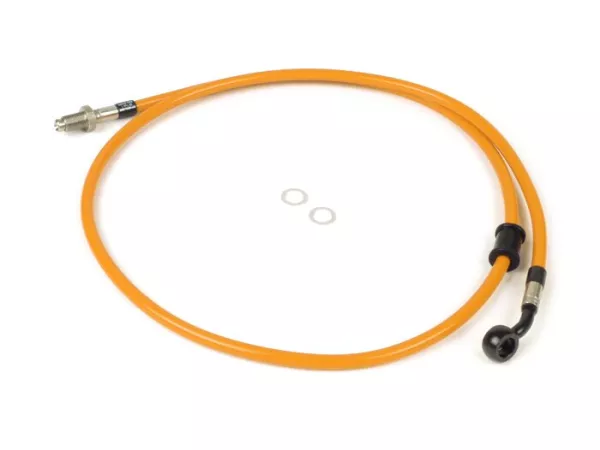 Brake hose, front, to genuine brake caliper -SPIEGLER hose: stainless steel (orange), fitting: aluminium (black)- Vespa (with ABS) GTS 125i.e. Super ABS (ZAPM45300, ZAPM45301), Vespa GTS 300 ABS (ZAPM45200, ZAPM45202), Vespa GTS 300i.e. Super ABS (ZAPM452