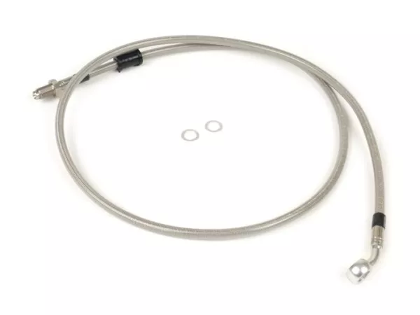 Brake hose, front, to genuine brake caliper -SPIEGLER hose: stainless steel (transparent), fitting: aluminium (silver)- Vespa (with ABS) GTS 125i.e. Super ABS (ZAPM45300, ZAPM45301), Vespa GTS 300 ABS (ZAPM45200, ZAPM45202), Vespa GTS 300i.e. Super ABS (Z