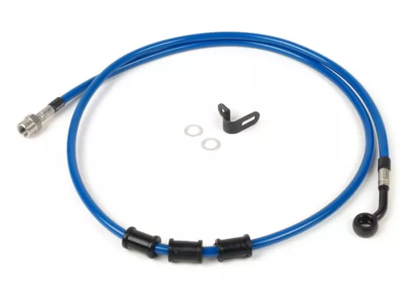 Brake hose, rear, to genuine brake caliper -SPIEGLER hose: stainless steel (blue), fitting: aluminium (black)- Vespa (with ABS) GTS 125i.e. Super ABS (ZAPM45300, ZAPM45301), Vespa GTS 300 ABS (ZAPM45200, ZAPM45202), Vespa GTS 300i.e. Super ABS (ZAPM45200,