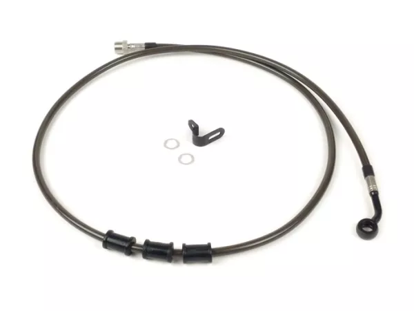 Brake hose, rear, to genuine brake caliper -SPIEGLER hose: stainless steel (colour: carbon), fitting: aluminium (black)- Vespa (with ABS) GTS 125i.e. Super ABS (ZAPM45300, ZAPM45301), Vespa GTS 300 ABS (ZAPM45200, ZAPM45202), Vespa GTS 300i.e. Super ABS (