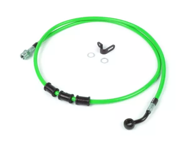 Brake hose, rear, to genuine brake caliper -SPIEGLER hose: stainless steel (green), fitting: aluminium (black)- Vespa (with ABS) GTS 125i.e. Super ABS (ZAPM45300, ZAPM45301), Vespa GTS 300 ABS (ZAPM45200, ZAPM45202), Vespa GTS 300i.e. Super ABS (ZAPM45200