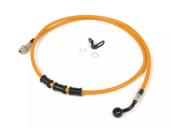 Brake hose, rear, to genuine brake caliper -SPIEGLER hose: stainless steel (orange), fitting: aluminium (black)- Vespa (with ABS) GTS 125i.e. Super ABS (ZAPM45300, ZAPM45301), Vespa GTS 300 ABS (ZAPM45200, ZAPM45202), Vespa GTS 300i.e. Super ABS (ZAPM4520