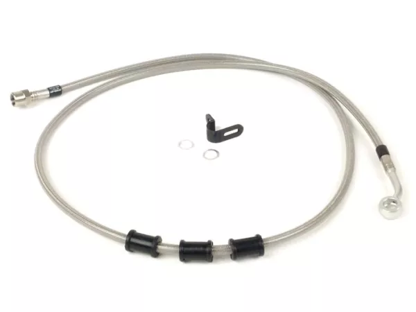 Brake hose, rear, to genuine brake caliper -SPIEGLER hose: stainless steel (transparent), fitting: aluminium (silver)- Vespa (with ABS) GTS 125i.e. Super ABS (ZAPM45300, ZAPM45301), Vespa GTS 300 ABS (ZAPM45200, ZAPM45202), Vespa GTS 300i.e. Super ABS (ZA