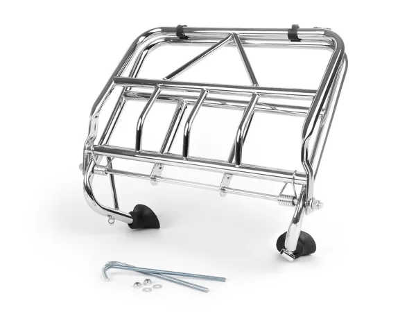 Opklapbaar bagagerek vooraan -ULMA NANUCCI Style- Vespa Largeframe Rally, Sprint, SS180, GS160, GT, GTR, GL, Super, VBB, VBA, VNA, VNB, Vespa Wideframe GS150, VL, VB, VM, VN, V1-15, V30-33, Motovespa Largeframe 150 GS, 150 Sprint, GT160 - Chroom
