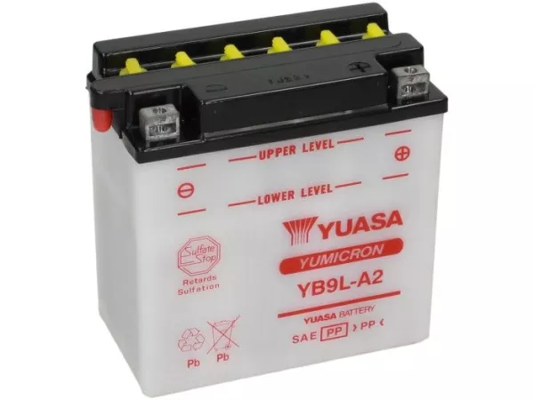 Standaard YUASA YB9L-A2- 12V, 9Ah - 137x76x140mm (zonder zuur)