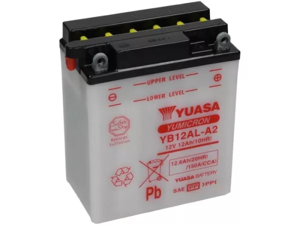 Standaard YUASA YB12AL-A(2)- 12V, 12Ah - 165x80x135mm (zonder zuur)
