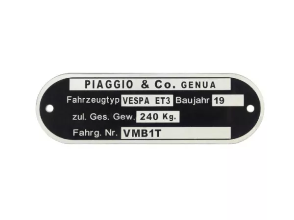 Vehicle ID number plate -OEM QUALITY- Vespa Piaggio & Co Genua (80x25x0,5mm) - Vespa ET3 VMB1T