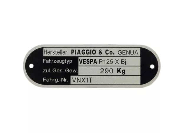 Typenschild -OEM QUALITÄT- Vespa Piaggio & Co Genua (80x25x0,5mm) - Vespa P125 X VNX1T