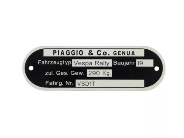 Vehicle ID number plate -OEM QUALITY- Vespa Piaggio & Co Genua (80x25x0,5mm) - Vespa Rally VSD1T