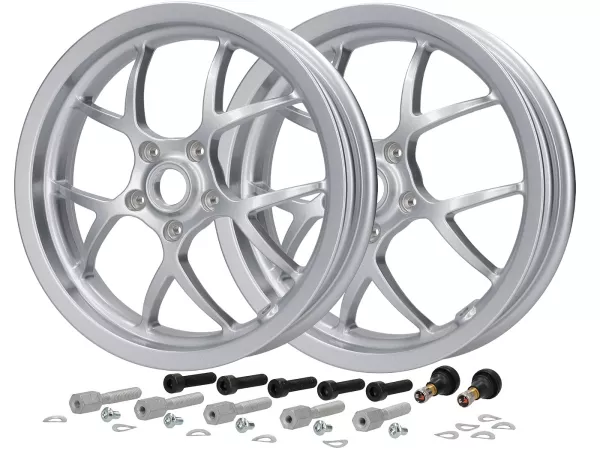 Felgen-Set (vorne+hinten inkl. Montagesets) -BGM PRO SPORT - 3.00-13 Zoll - Vespa GTS, GTS Super, ​GTV, Sei Giorni, GT 60, ​GT, ​GT L 125-310ccm - silbern