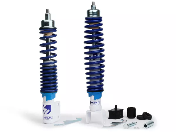 Shock absorber set front+rear -SEBAC Sport- Vespa PX, T5, Motovespa PX Iris, T5 125 Sport, 125 CL, 150 CL, 200 DN and 200 DS, LML Star/Stella - blue/white