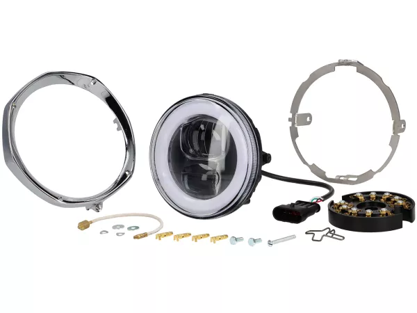 Faro delantero incl. marco de montaje -MOTO NOSTRA- LED HighPower - Ø=120mm - 12V DC - marcado E9 - para conversión de Lambretta LI, LIS, SX, TV (Serie 3)