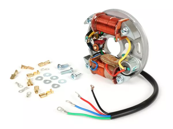 Allumage -VESPA stator (allumage avec rupteur, 4 câbles, 6V 15W, 2 bobines, rupteurs courts)- Vespa V50 - 50 R (V5A1T, 853411-), 50 Special (V5B1T, 70567-), 50 Special (V5B3T) - bobine externe d’allumage, avec fonction feu de stop