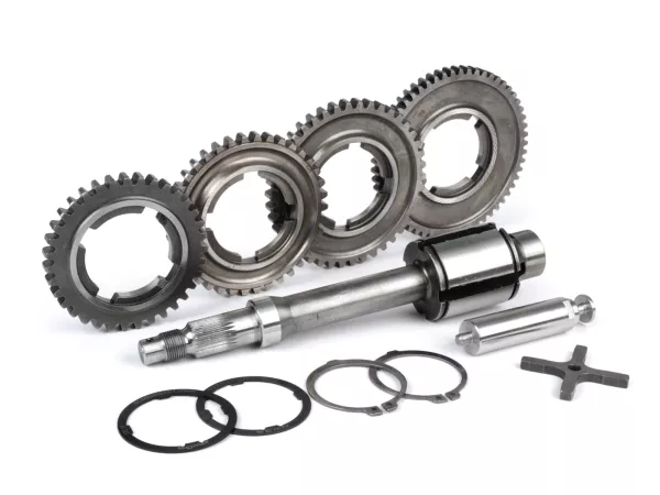 Caja de cambios (engranajes incl. eje principal, cruz de cambio, perno de cambio) -CALIDAD OEM- Vespa PX125-200 Lusso (1984-), Cosa, T5, LML Star/Stella (2 tiempos) - 58/42/38/35 dientes