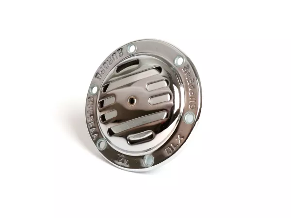 Claxon (zumbador) - CALIDAD OEM 6V AC- Vespa - Ø=75mm - cromado - adecuado para p.ej. Vespa V50, V90, PV, ET3, Rally180 (VSD1T), Rally200 (VSE1T), Sprint150 (VLB1T), TS125 (VNL3T), Super, GT125 (VNL2T), GTR125 (VNL2T), SS180 (VSC1T) - (modelos sin batería