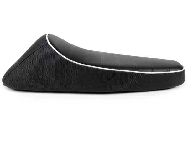 Seat -NISA Corsa- Vespa PX - also fits Vespa Sprint, GT, GTR, Super, TS, GL, VNA, VBA, VNB, VBB, T4 - without lock - Black with white piping