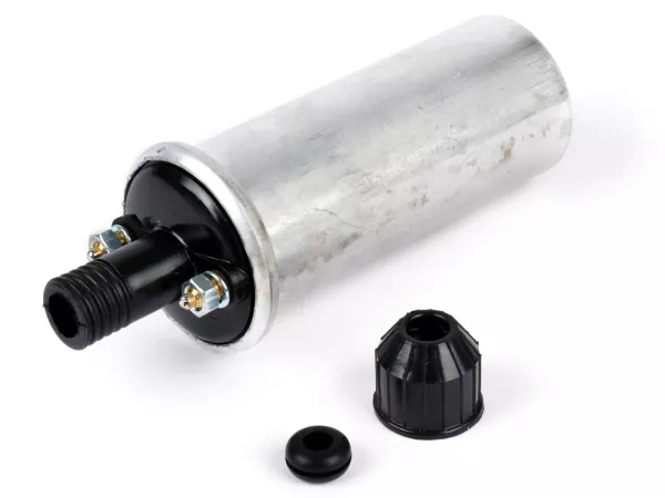 Ignition coil -OEM QUALITY 6 Volt- Lambretta LD 125 (since 1956), LD 150, D 150, LI, LIS, SX, TV, DL, GP, J, Vespa V50 Elestart (V5B2T, V5A3T) - alloy housing (point set ignition)