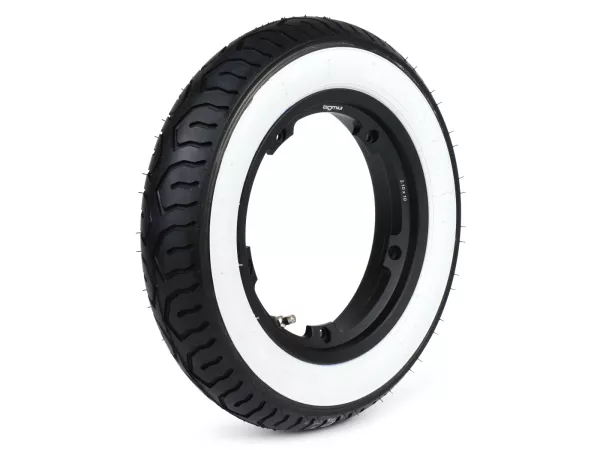 Rueda completa (neumático listo para montar montado en llanta) -MITAS MC12 whitewall, tubeless, Vespa Smallframe V50, PV, ET3, PK- 3.00 - 10 pulgadas TL 42J - llanta BGM PRO 2.10-10 aluminio negro