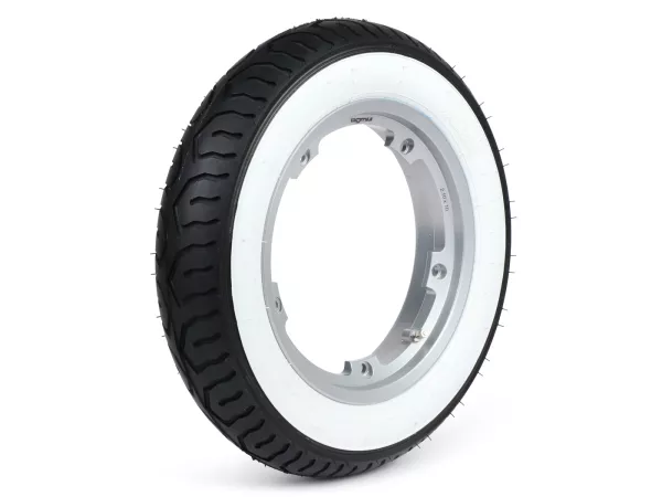 Rueda completa (neumático listo para montar montado en llanta) -MITAS MC12 whitewall, tubeless, Vespa Smallframe V50, PV, ET3, PK- 3.00 - 10 pulgadas TL 42J - Llanta BGM PRO 2.10-10 Aluminio - Plata