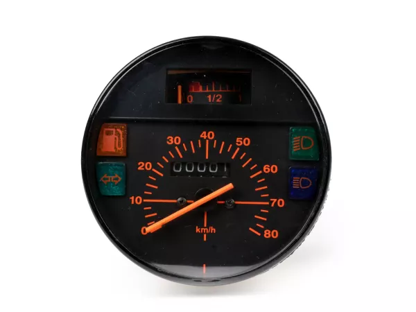 Snelheidsmeter -PREMIUM- Vespa Ø=105mm - PK50 XL - 80km/h (oranje cijfers)