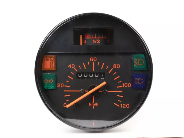Snelheidsmeter -PREMIUM- Vespa Ø=105mm - PK 125XL, ETS125 - 120km/h (oranje cijfers)