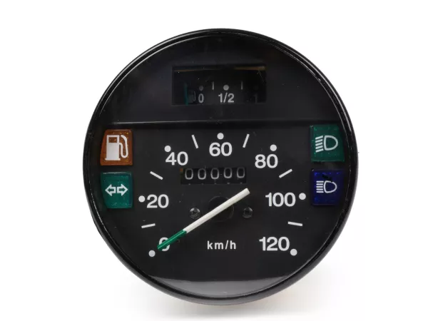 Snelheidsmeter -PREMIUM- Vespa Ø=105mm - PX Lusso, T5 Classic, Mijn, 2001, 2011 - 120km/h - zwart - ook geschikt voor Vespa PK50/80 S Lusso, PK XL, PK125 ETS