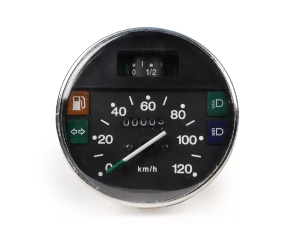 Snelheidsmeter -PREMIUM- Vespa Ø=105mm - PX Lusso, T5 Classic, Mijn, 2001, 2011 - 120km/h - chroom - ook geschikt voor Vespa PK50/80 S Lusso, PK XL, PK125 ETS