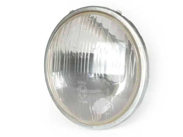 Faro delantero -SIEM (NOS) Ø=115/120mm (cristal/exterior)- Vespa SS50 (V5SS1T), 50SR (V5SS2T), SS90 (V9SS1T), 90 Racer (V9SS2T), PV125 (VMA1T, VMA2T), ET3 (VMB1T), Super (VNC1T/VBC1T) - cristal