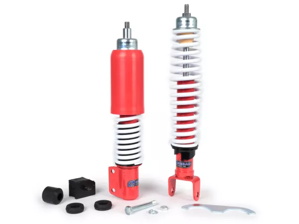 Set peredam kejut depan+belakang -SEBAC Style merah/putih- Vespa PX, T5 125cc, LML Star/Stella