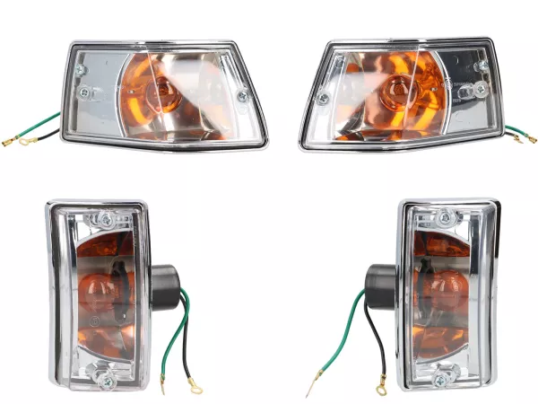 Indicator set -OEM QUALITY set of 4- Vespa PX80, PX125, PX150, PX200, T5 125cc, chrome casing - smooth lens / amber light bulbs