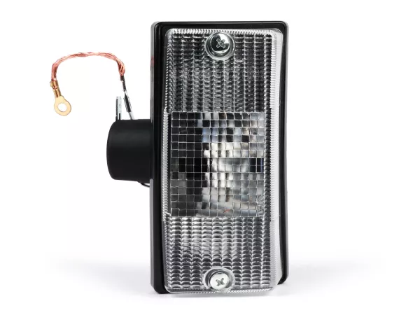 Indicator -SIEM- Vespa PX80, PX125, PX150, PX200, T5 125cc - Black body - White lenses - Left front
