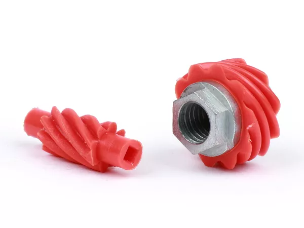Snelheidsmeter worm set -CIF- Vespa 10 tanden, Ø=22.8mm, kunststof + 8 tanden, l= 31mm, 2.7mm vierkant, rood (gebruikt in Vespa V50, V90, PV125, ET3)