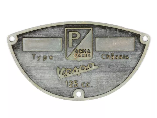Type plate -OEM QUALITY- ACMA 125ccm year 1950-1958 - (60x34mm) - shell shape