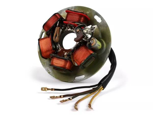 Zündung -PIAGGIO/DUCATI (NOS) Grundplatte (Kontaktzündung, 5 Kabel, 12V, AC)- Vespa PX - P125X, P150X, mit Spannungsregler, mit Batterie, mit 4-fach Blinkanlage, 2x gelbes Kabel