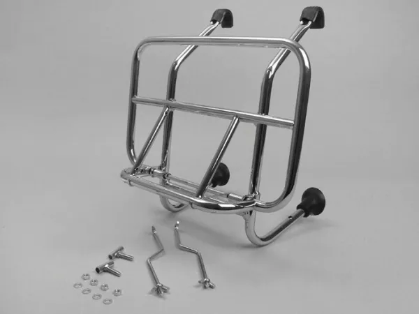 Portaequipajes delantero plegable -AMS CUPPINI de ancho medio- Vespa Smallframe V50, PV125, ET3, Vespa Largeframe Rally180, Vespa Rally200, Sprint150, TS125, GT125, GTR125, Vespa PX80, PX125, PX150, PX200, Lambretta LI, LIS, SX, TV, DL, GP - Cromado