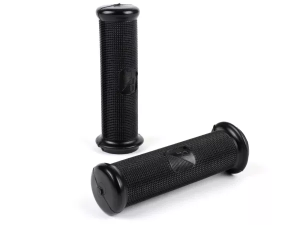 Pair of grips -VESPA Ø=24mm, l=125mm, Piaggio rectangular logo- Vespa 50N, 50L, 50R, SS50, SS90, PV125, VNA, VNB1-2, GT125 (VNL2T), GL150 (VLA1T), Super 125/150 (VNC1T/VBC1T), Sprint150 (VLB1T), SS180 (VSC1T) - fits also Vespa PE/PX, PK - black