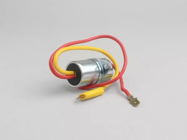 Kondensator -OEM QUALITÄT, Ø=20mm, 2-Kabel (rotes Kabel = Flachstecker)- Vespa Super, GT125 (VNL2T), GTR125 (VNL2T), TS125 (VNL3T), Sprint, Sprint Veloce, Rally180