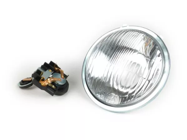 Optique avant -QUALITÉ OEM Ø=115/120mm- Vespa SS50 (V5SS1T), 50SR (V5SS2T), SS90 (V9SS1T), 90 Racer (V9SS2T), PV125 (VMA1T, VMA2T), ET3 VMB1T), Super (VNC1T/VBC1T) - verre véritable - avec support d'ampoule de phare