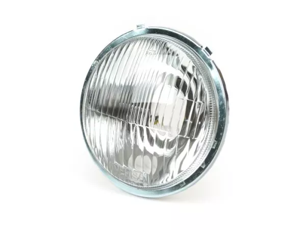 Optique avant -QUALITÉ OEM Ø=115/120mm- Vespa SS50 (V5SS1T), 50SR (V5SS2T), SS90 (V9SS1T), 90 Racer (V9SS2T), PV125 (VMA1T, VMA2T), ET3 VMB1T), Super (VNC1T/VBC1T) - verre véritable - sans support d'ampoule de phare