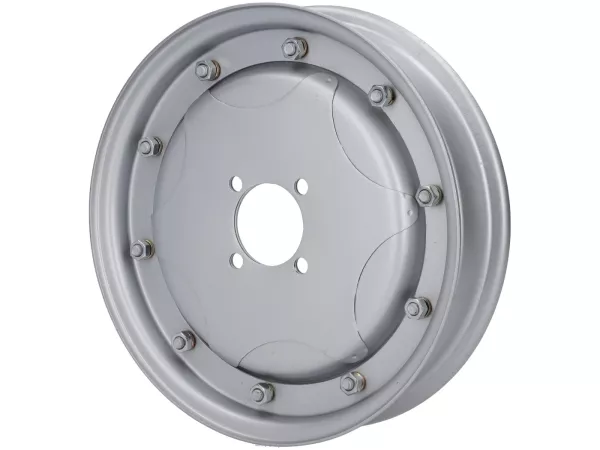 Jante -SPAQ 2.10-10 pouces en acier, motif en étoile- Vespa GS150 (VS1-4), Messerschmidt GS3 (VD1T, VD2T) - aussi comme une jante de conversion de 8 pouces à 10 pouces - Argenté
